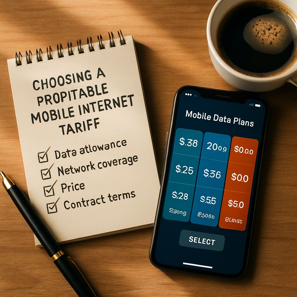 Smartphone with mobile data comparison, checklist notepad, pen, and coffee cup in a bright