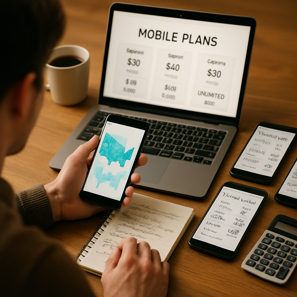A young adult analyzing mobile phone plans on a laptop, with multiple mobile phones