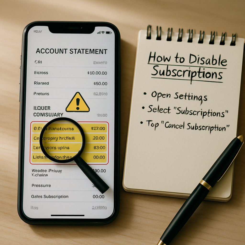 An organized workspace featuring a smartphone with a clear account statement, notepads, and tools