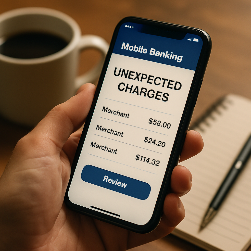 A smartphone showcasing unexpected mobile internet charges with a notepad and coffee in the