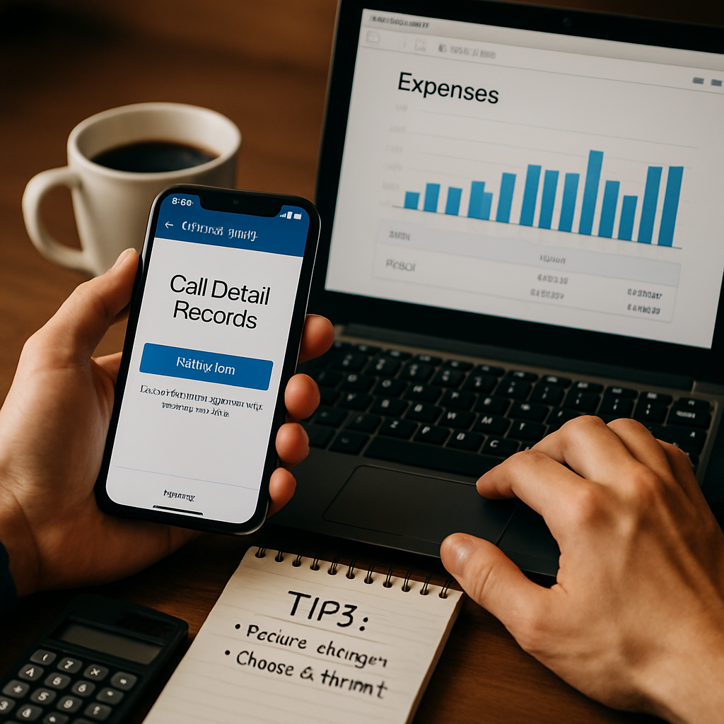 An organized workspace depicting a step-by-step guide for ordering call details and printing expenses,