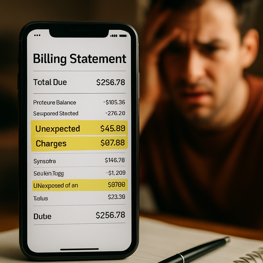 A smartphone displaying a billing statement with confused person in the background.