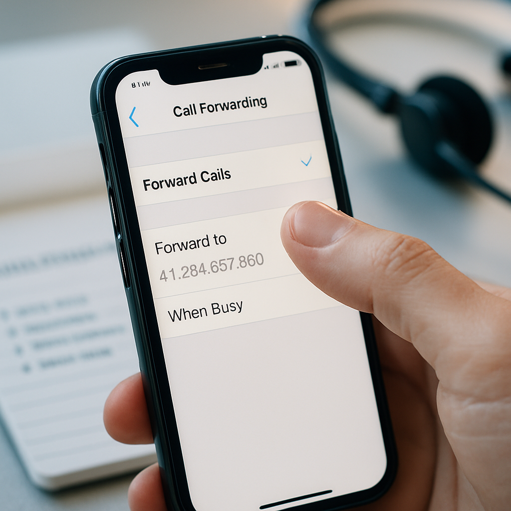 An image showcasing a smartphones call forwarding settings with a finger engaging the screen,
