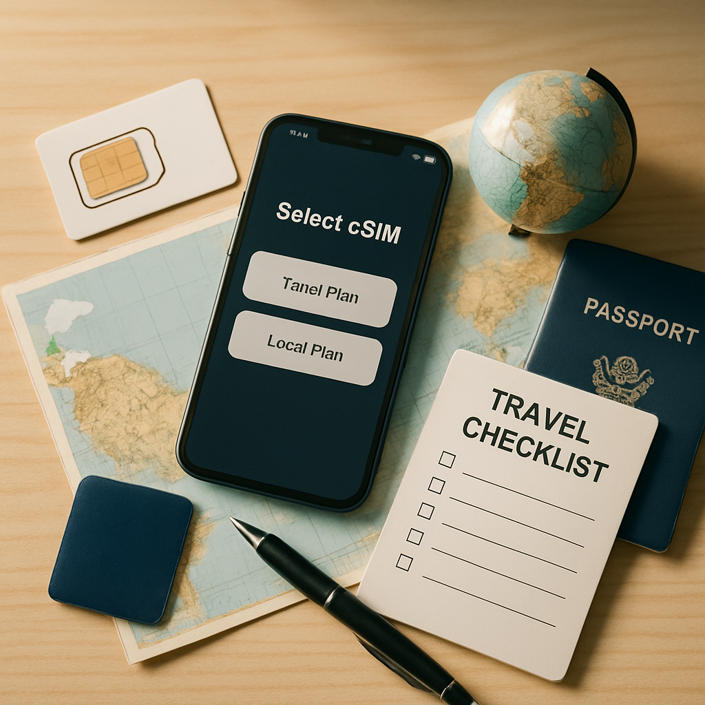 A flat lay composition of travel essentials for selecting a SIM card, featuring a
