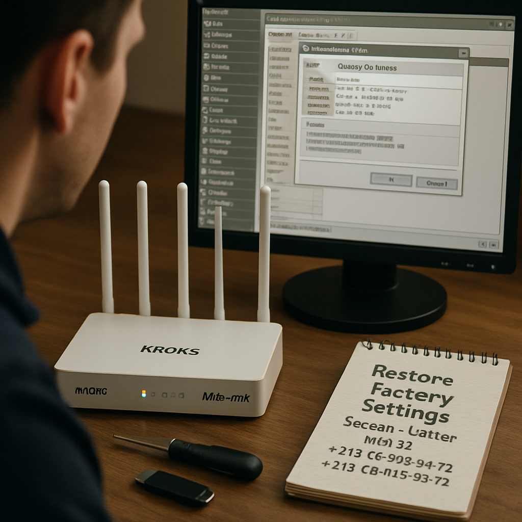 A serious setup showcasing troubleshooting a router, with a focus on KROKS or Mikrotik