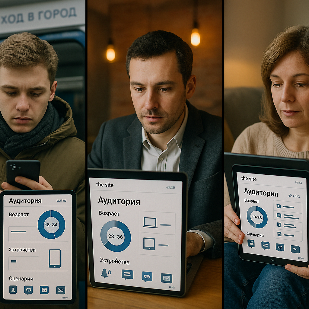 Photographic triptych showing three adult Russian user segments by age and device—young adult on