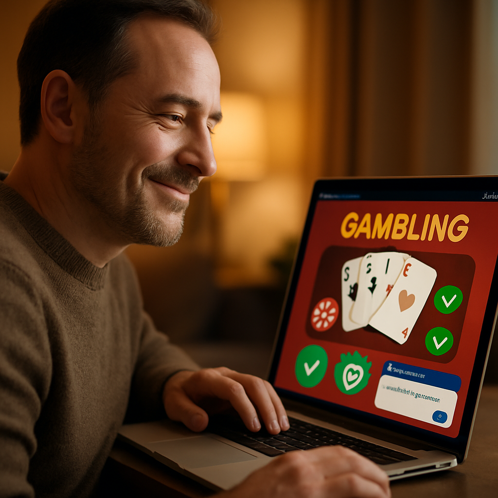 A satisfied gambler using an online platform in a warm, secure atmosphere with symbols